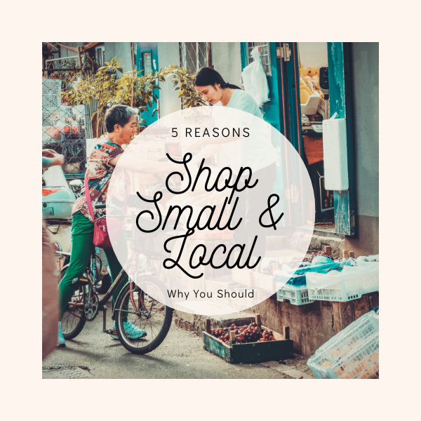 Image of store front with guy on bike and words shop small and local over it.