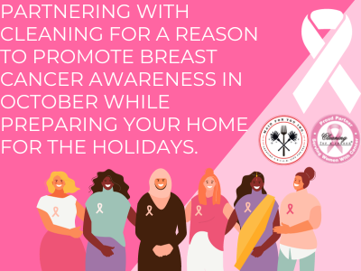pink background with breast cancer ribbon and logos for maid for you and cleaning for a reason