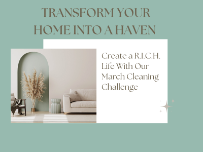 Teal background with a relaxing living room and the words transforming your home into a haven