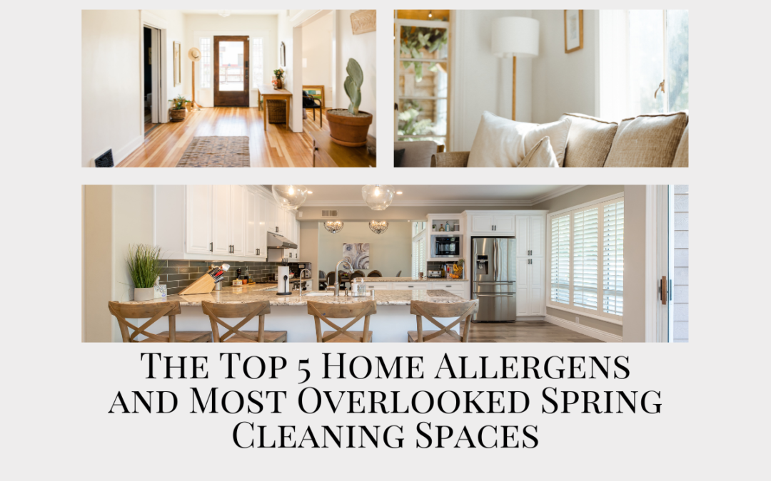 White background with three images of home interior and the words The Top 5 Home Allergens and Most Overlooked Spring Cleaning Spaces and www.themaidforyou.com